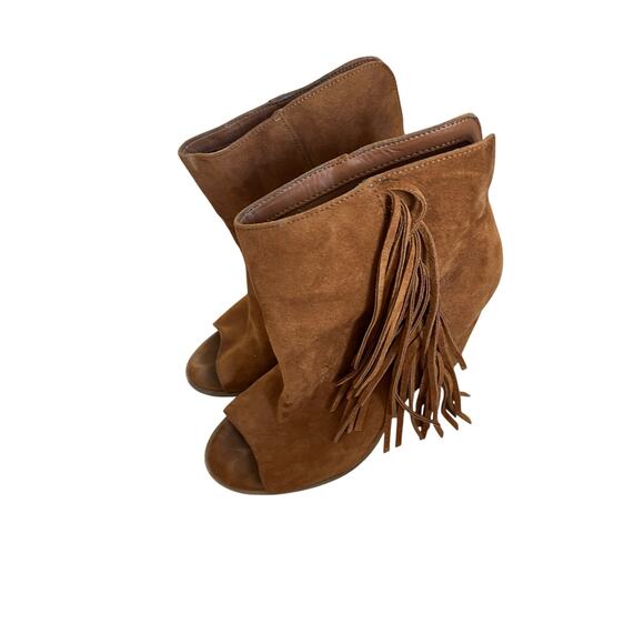Leather soft brown boots w cutout toe fringe on sides, wedge heel cowboy sz 8 - Picture 1 of 6